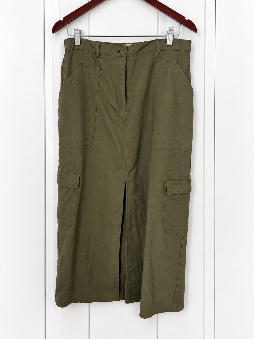Max Studio London olive/army-green utility cargo maxi skirt, size L